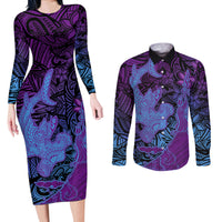 Hawaiian Volcano and Shark Couples Matching Long Sleeve Bodycon Dress and Long Sleeve Button Shirt Polynesian and Hibiscus Pattern Violet Gradient LT03 Violet - Polynesian Pride