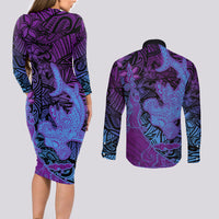 Hawaiian Volcano and Shark Couples Matching Long Sleeve Bodycon Dress and Long Sleeve Button Shirt Polynesian and Hibiscus Pattern Violet Gradient LT03 - Polynesian Pride