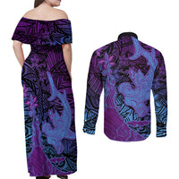 Hawaiian Volcano and Shark Couples Matching Off Shoulder Maxi Dress and Long Sleeve Button Shirt Polynesian and Hibiscus Pattern Violet Gradient LT03 - Polynesian Pride