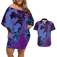 Hawaiian Volcano and Shark Couples Matching Off Shoulder Short Dress and Hawaiian Shirt Polynesian and Hibiscus Pattern Violet Gradient LT03 Violet - Polynesian Pride
