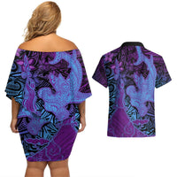 Hawaiian Volcano and Shark Couples Matching Off Shoulder Short Dress and Hawaiian Shirt Polynesian and Hibiscus Pattern Violet Gradient LT03 - Polynesian Pride