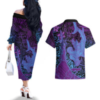 Hawaiian Volcano and Shark Couples Matching Off The Shoulder Long Sleeve Dress and Hawaiian Shirt Polynesian and Hibiscus Pattern Violet Gradient LT03 - Polynesian Pride