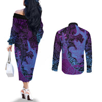 Hawaiian Volcano and Shark Couples Matching Off The Shoulder Long Sleeve Dress and Long Sleeve Button Shirt Polynesian and Hibiscus Pattern Violet Gradient LT03 - Polynesian Pride