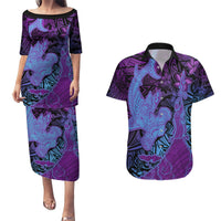 Hawaiian Volcano and Shark Couples Matching Puletasi and Hawaiian Shirt Polynesian and Hibiscus Pattern Violet Gradient LT03 Violet - Polynesian Pride