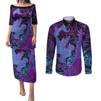Hawaiian Volcano and Shark Couples Matching Puletasi and Long Sleeve Button Shirt Polynesian and Hibiscus Pattern Violet Gradient LT03 Violet - Polynesian Pride