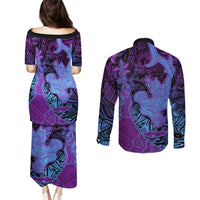 Hawaiian Volcano and Shark Couples Matching Puletasi and Long Sleeve Button Shirt Polynesian and Hibiscus Pattern Violet Gradient LT03 - Polynesian Pride