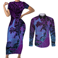 Hawaiian Volcano and Shark Couples Matching Short Sleeve Bodycon Dress and Long Sleeve Button Shirt Polynesian and Hibiscus Pattern Violet Gradient LT03 Violet - Polynesian Pride