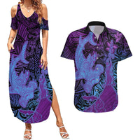 Hawaiian Volcano and Shark Couples Matching Summer Maxi Dress and Hawaiian Shirt Polynesian and Hibiscus Pattern Violet Gradient LT03 Violet - Polynesian Pride