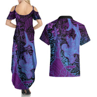 Hawaiian Volcano and Shark Couples Matching Summer Maxi Dress and Hawaiian Shirt Polynesian and Hibiscus Pattern Violet Gradient LT03 - Polynesian Pride