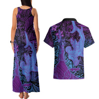 Hawaiian Volcano and Shark Couples Matching Tank Maxi Dress and Hawaiian Shirt Polynesian and Hibiscus Pattern Violet Gradient LT03 - Polynesian Pride