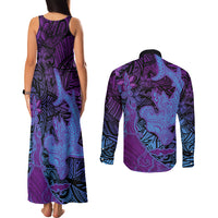 Hawaiian Volcano and Shark Couples Matching Tank Maxi Dress and Long Sleeve Button Shirt Polynesian and Hibiscus Pattern Violet Gradient LT03 - Polynesian Pride