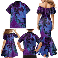 Hawaiian Volcano and Shark Family Matching Mermaid Dress and Hawaiian Shirt Polynesian and Hibiscus Pattern Violet Gradient