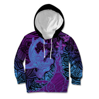 Hawaiian Volcano and Shark Kid Hoodie Polynesian and Hibiscus Pattern Violet Gradient