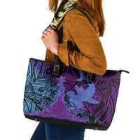 Hawaiian Volcano and Shark Leather Tote Bag Polynesian and Hibiscus Pattern Violet Gradient