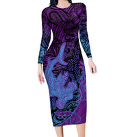 Hawaiian Volcano and Shark Long Sleeve Bodycon Dress Polynesian and Hibiscus Pattern Violet Gradient
