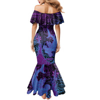 Hawaiian Volcano and Shark Mermaid Dress Polynesian and Hibiscus Pattern Violet Gradient