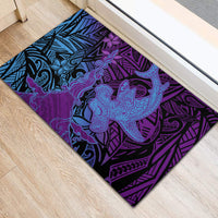 Hawaiian Volcano and Shark Rubber Doormat Polynesian and Hibiscus Pattern Violet Gradient