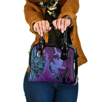 Hawaiian Volcano and Shark Shoulder Handbag Polynesian and Hibiscus Pattern Violet Gradient