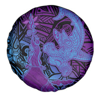 Hawaiian Volcano and Shark Spare Tire Cover Polynesian and Hibiscus Pattern Violet Gradient