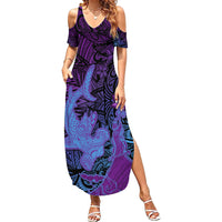 Hawaiian Volcano and Shark Summer Maxi Dress Polynesian and Hibiscus Pattern Violet Gradient LT03 Women Violet - Polynesian Pride