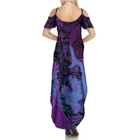 Hawaiian Volcano and Shark Summer Maxi Dress Polynesian and Hibiscus Pattern Violet Gradient LT03 - Polynesian Pride