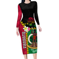 Vanuatu Nakamal and Plumeria Flowers Long Sleeve Bodycon Dress Polynesian Pattern