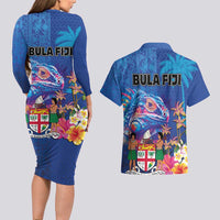 Fiji Bula Couples Matching Long Sleeve Bodycon Dress and Hawaiian Shirt Tropical Plants with Palm Tree and Iguana Colorful
