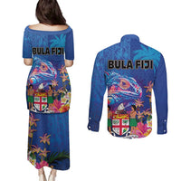 Fiji Bula Couples Matching Puletasi and Long Sleeve Button Shirt Tropical Plants with Palm Tree and Iguana Colorful