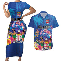 Fiji Bula Couples Matching Short Sleeve Bodycon Dress and Hawaiian Shirt Tropical Plants with Palm Tree and Iguana Colorful