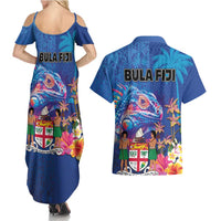 Fiji Bula Couples Matching Summer Maxi Dress and Hawaiian Shirt Tropical Plants with Palm Tree and Iguana Colorful