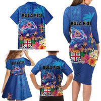 Fiji Bula Family Matching Long Sleeve Bodycon Dress and Hawaiian Shirt Tropical Plants with Palm Tree and Iguana Colorful