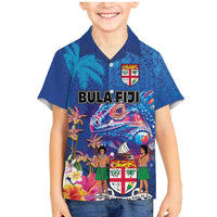 Fiji Bula Family Matching Mermaid Dress and Hawaiian Shirt Tropical Plants with Palm Tree and Iguana Colorful