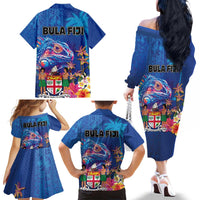 Fiji Bula Family Matching Off The Shoulder Long Sleeve Dress and Hawaiian Shirt Tropical Plants with Palm Tree and Iguana Colorful