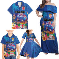 Fiji Bula Family Matching Off Shoulder Maxi Dress and Hawaiian Shirt Tropical Plants with Palm Tree and Iguana Colorful