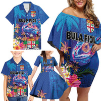 Fiji Bula Family Matching Off Shoulder Short Dress and Hawaiian Shirt Tropical Plants with Palm Tree and Iguana Colorful