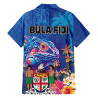 Fiji Bula Family Matching Off Shoulder Short Dress and Hawaiian Shirt Tropical Plants with Palm Tree and Iguana Colorful