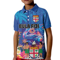 Fiji Bula Kid Polo Shirt Tropical Plants with Palm Tree and Iguana Colorful