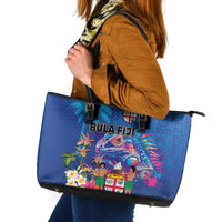 Fiji Bula Leather Tote Bag Tropical Plants with Palm Tree and Iguana Colorful