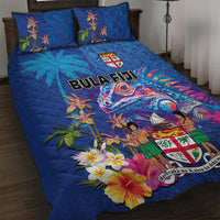 Fiji Bula Quilt Bed Set Tropical Plants with Palm Tree and Iguana Colorful