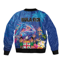 Fiji Bula Sleeve Zip Bomber Jacket Tropical Plants with Palm Tree and Iguana Colorful