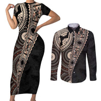 Fiji Traditional Masi Couples Matching Short Sleeve Bodycon Dress and Long Sleeve Button Shirt Tapa Art Palm Leaves Pattern