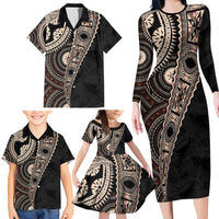 Fiji Traditional Masi Family Matching Long Sleeve Bodycon Dress and Hawaiian Shirt Tapa Art Palm Leaves Pattern