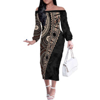 Fiji Traditional Masi Family Matching Off The Shoulder Long Sleeve Dress and Hawaiian Shirt Tapa Art Palm Leaves Pattern