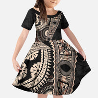 Fiji Traditional Masi Family Matching Off Shoulder Maxi Dress and Hawaiian Shirt Tapa Art Palm Leaves Pattern