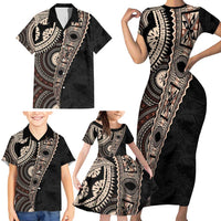 Fiji Traditional Masi Family Matching Short Sleeve Bodycon Dress and Hawaiian Shirt Tapa Art Palm Leaves Pattern