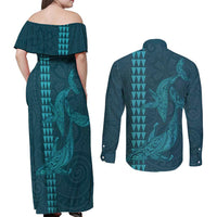 Aloha Hawaii Whale Kakau and Polynesian Tattoo Couples Matching Off Shoulder Maxi Dress and Long Sleeve Button Shirt Turquoise Color LT03 - Polynesian Pride