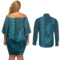 Aloha Hawaii Whale Kakau and Polynesian Tattoo Couples Matching Off Shoulder Short Dress and Long Sleeve Button Shirt Turquoise Color LT03 - Polynesian Pride