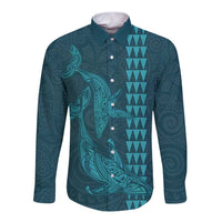 Aloha Hawaii Whale Kakau and Polynesian Tattoo Long Sleeve Button Shirt Turquoise Color