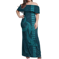 Aloha Hawaii Whale Kakau and Polynesian Tattoo Off Shoulder Maxi Dress Turquoise Color