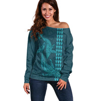 Aloha Hawaii Whale Kakau and Polynesian Tattoo Off Shoulder Sweater Turquoise Color LT03 Women Turquoise - Polynesian Pride